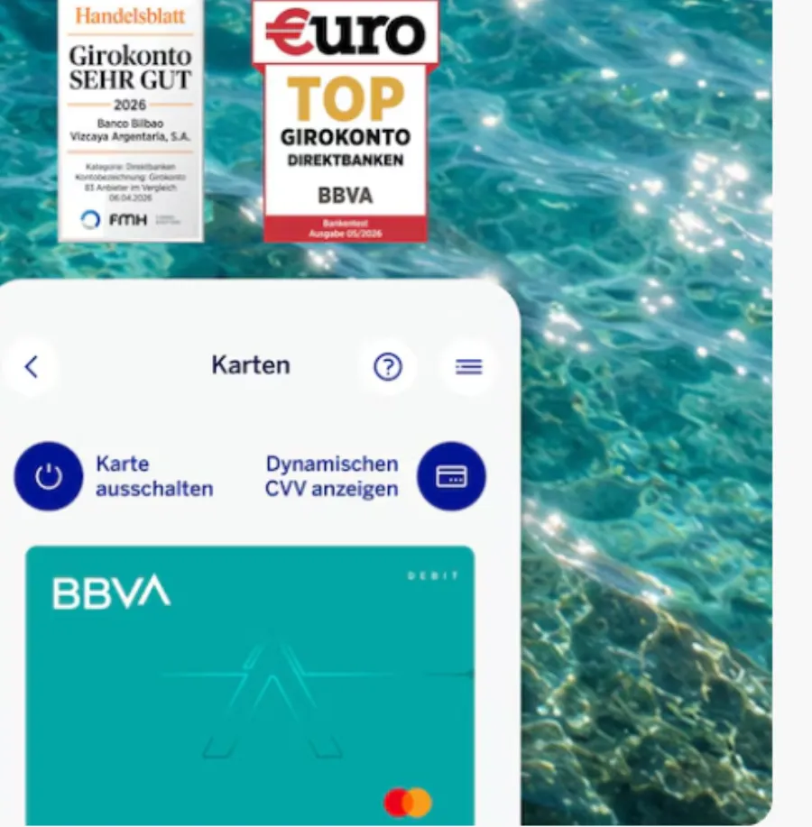 BBVA Debitkarte in der App mit Auszeichnungen von Handelsblatt und Euro