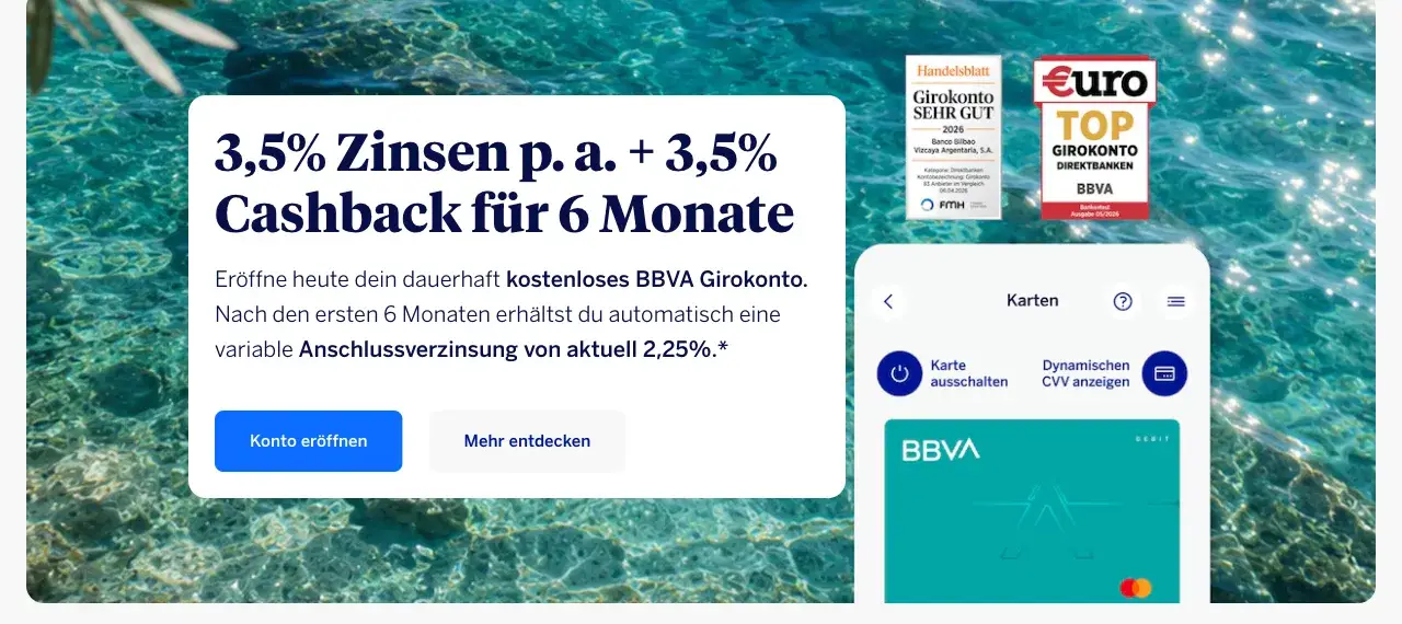 BBVA bewirbt 3,5 Prozent Zinsen und 3,5 Prozent Cashback für sechs Monate