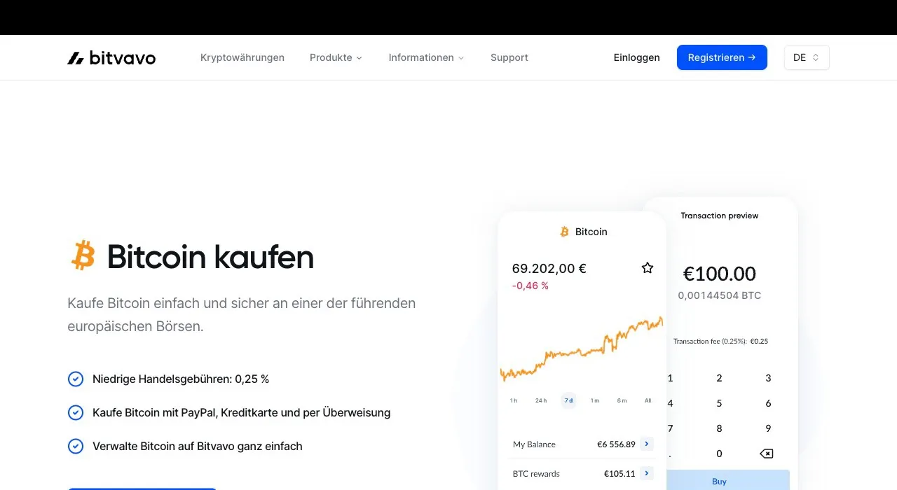 Die Bitcoin-kaufen-Seite von Bitvavo mit der Kauf-Vorschau und der Transaktionsgebühr
