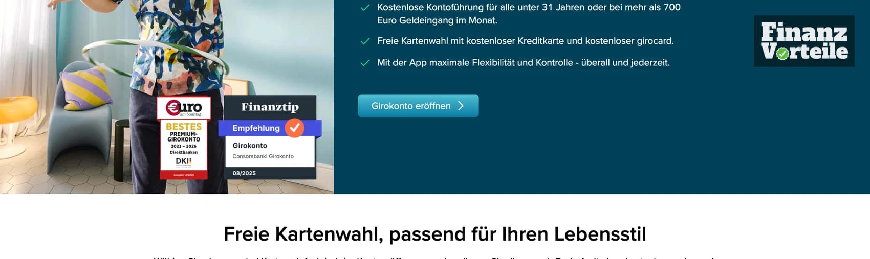 Kartenauswahl zum Consorsbank Girokonto mit Visa Card Debit, Credit Card Gold Light und Visa Card Gold