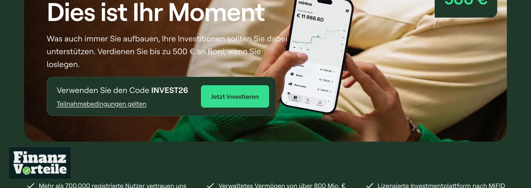 Aktionsseite von Mintos mit dem Code INVEST26 und der Bonusstaffel bis 500 Euro