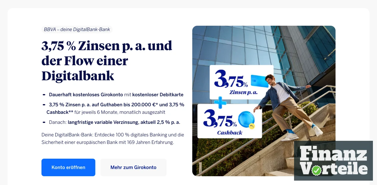 BBVA bewirbt 3,75 Prozent Zinsen und 3,75 Prozent Cashback für sechs Monate