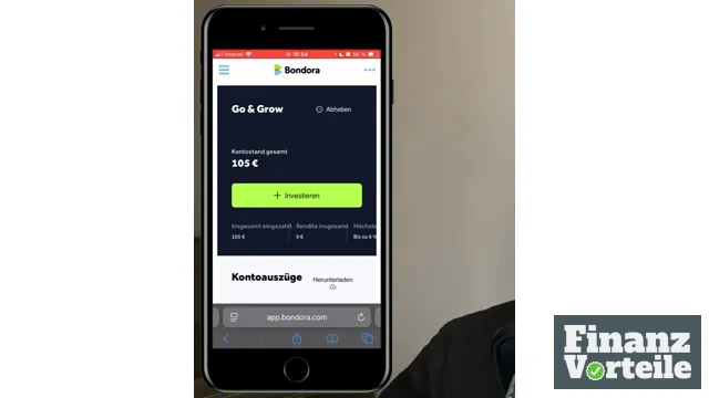 Bondora Go & Grow Dashboard nach der Kontoeröffnung mit 105 Euro Kontostand, 100 Euro Einzahlung plus 5 Euro Startguthaben